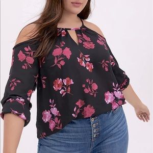 Torrid Black Floral Georgette Cold Shoulder Blouse size 3